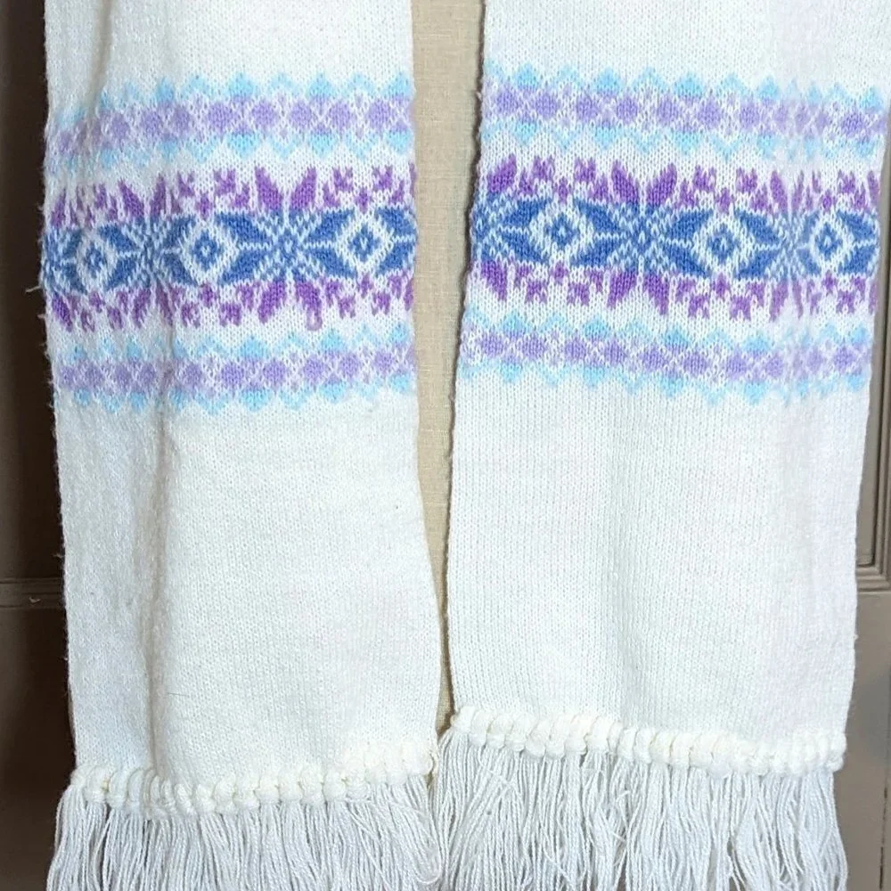 Fair Isle Scarf Vintage Knit Fringe Snowflake Print Boho‎ Acrylic by Leggs